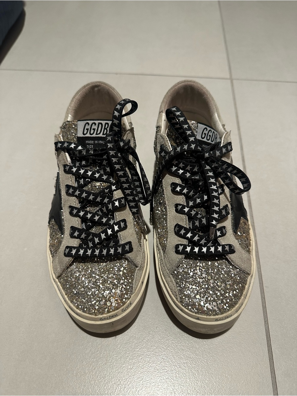 Golden Goose Glitter Low-Top Sneakers in Gold, Black, Cream